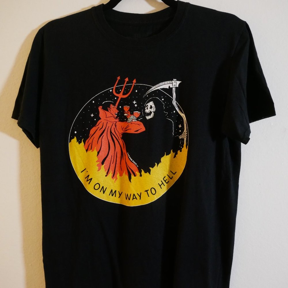 I'M ON MY WAY TO HELL SATAN & REAPER PARTY MEDIUM BLACK COTTON T SHIRT